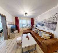 Obývací pokoj v 2-pokojovém bytě s hnědou sedačkou a podlahou s dřevěným dekorem.