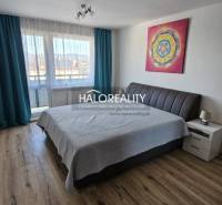 Ložnice v dvoupokojovém bytě s podlahou s dřevěným dekorem a uměním na stěně.