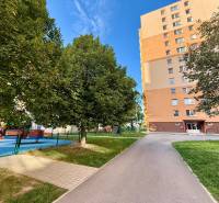 Bytový dům na L. Novomeského v Senici s hřištěm a stromy v okolí.