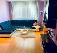 Obývací pokoj v třípokojovém bytě s pohovkou, konferenčním stolkem a podlahou s dřevěným dekorem.