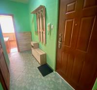 Chodba se zelenými stěnami, dlažbou, věšákem a skříňkami v 3-pokojovém bytě.