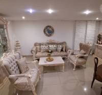 Luxusní obývací pokoj rodinného domu s bohatým dekorem a elegantním nábytkem.