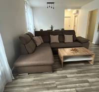 Pohodlný obývací pokoj s hnědou sedačkou a stolkem, podlaha s dřevěným dekorem.