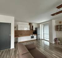 Obývací pokoj s kuchyňskou linkou a podlahou s dřevěným dekorem ve 3pokojovém bytě.