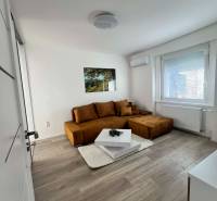 Světlý obývací pokoj v 2-pokojovém bytě s hnědou sedačkou a stolkem na podlaze s dřevěným dekorem.