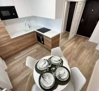 Kuchyně v 2pokojovém bytě s podlahou s dřevěným dekorem a jídelním stolem.