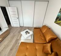 Obývací pokoj v 2-pokojovém bytě s podlahou s dřevěným dekorem a oranžovou sedačkou.