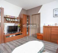 Obývací pokoj v 3-pokojovém bytě s podlahou s dřevěným dekorem, dřevěným nábytkem a televizorem.