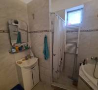 Koupelna v rodinném domě, sprchový kout se závěsem, umyvadlo, zrcadlo a radiátor.