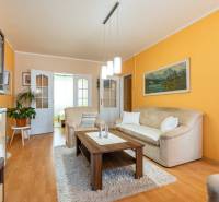 Obývací pokoj s pohovkou, konferenčním stolkem a podlahou s dřevěným dekorem ve 4pokojovém bytě.