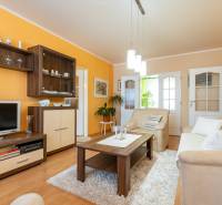 Obývací pokoj ve 4pokojovém bytě s podlahou s dřevěným dekorem a oranžovou stěnou.