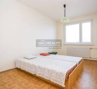 Ložnice ve 3pokojovém bytě s podlahou s dřevěným dekorem, postelí u okna.