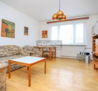 Obývací pokoj v třípokojovém bytě s podlahou s dřevěným dekorem, sedačkou a nábytkem.