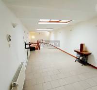 Světlá chodba v rodinném domě s bílými stěnami a střešními okny.