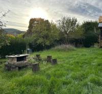 Zahrada rodinného domu v Kalši s krbem a zelení na pozadí.