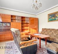 Obývací pokoj v rodinném domě s křesly, kobercem, knihovnou a závěsy.