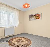 Pokoj v rodinném domě se světlým kobercem, záclonami a nástěnným obrazem.