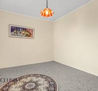 Pokoj v rodinném domě s kobercem, závěsem, obrazem a lustrem na stropě.