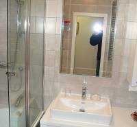 Koupelna se sprchou, zrcadlem a umyvadlem ve 4-pokojovém bytě.