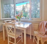 Jídelní kout v 2-pokojovém bytě s velkým oknem, podlaha s dřevěným dekorem.