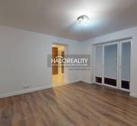 Obývací pokoj v 2-pokojovém bytě s podlahou s dřevěným dekorem a francouzským oknem.