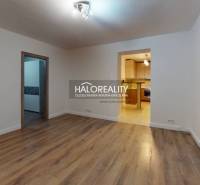 Obývací pokoj v dvoupokojovém bytě s podlahou s dřevěným dekorem a vstupem do kuchyně.