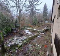 Zahrada u rodinného domu na Búdkové ulici v Bratislavě - Staré Město, stromy a kameny.