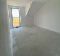 Pokoj v rodinném domě se skleněnými dveřmi a šikmým stropem, prázdná podlaha.