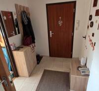 Chodba v 3-pokojovém bytě se světlým nábytkem a hnědými doplňky.