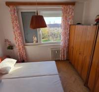 Ložnice s postelí, skříní a podlahou s dřevěným dekorem v 3-pokojovém bytě.