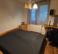 Ložnice ve 3pokojovém bytě s postelí, pracovním stolem a podlahou s dřevěným dekorem.