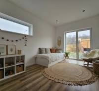 Světlý pokoj v rodinném domě s pohovkou, podlahou s dřevěným dekorem a dekoracemi.