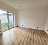 Pokoj v rodinném domě se skleněnými dveřmi a podlahou s dřevěným dekorem.