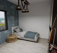 Pokoj v rodinném domě s postelí, kytarou a modrou tapetou.