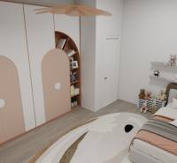 Dětský pokoj v rodinném domě s postelí, skříňkami a dekorativními hračkami, podlaha s dřevěným dekorem.