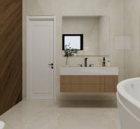 Minimalistická koupelna s vanou, umyvadlem a podlahou s dřevěným dekorem v rodinném domě.