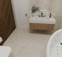 Koupelna v rodinném domě s vanou, umyvadlem a podlahou s dřevěným dekorem.