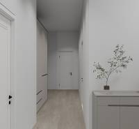 Chodba v rodinném domě s podlahou s dřevěným dekorem a jednoduchým nábytkem.