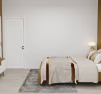 Ložnice s podlahou s dřevěným dekorem, postelí a televizorem v rodinném domě.