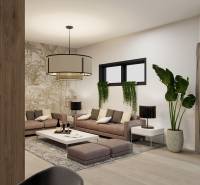 Obývací pokoj v rodinném domě s pohodlnou pohovkou a podlahou s dřevěným dekorem.