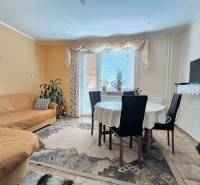 Obývací pokoj rodinného domu s jídelním stolem, gaučem a televizí na polici.