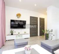 Obývací pokoj v 2pokojovém bytě s televizí, rostlinami a podlahou s dřevěným dekorem.