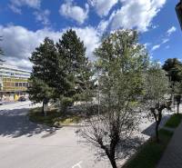 Pohled z 5 a více pokojového bytu na ulici Medveckého v Ružomberku, obklopený stromy.