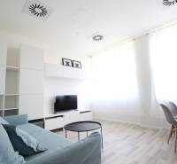 Obývací část garsonky s pohovkou, televizí a podlahou s dřevěným dekorem.