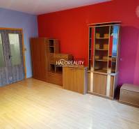 Pokoj v 3-pokojovém bytě s podlahou s dřevěným dekorem a červenou stěnou.