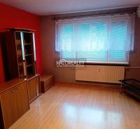 Pokoj s podlahou s dřevěným dekorem, červenými stěnami a nábytkem v 3-pokojovém bytě.