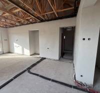 Interiér rodinného domu s rozestavěnými stěnami a podlahou s dřevěným dekorem.