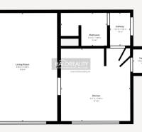 Půdorys 1-pokojového bytu s obývacím pokojem, kuchyní a koupelnou.