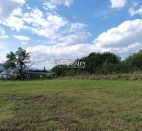 Pozemky - bydlení v Čerhově, travnatá plocha, stromy, vzdálené domy, kopce, modrá obloha.