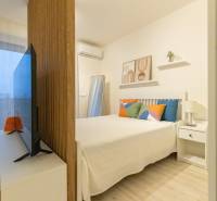 1-pokojový byt s postelí, televizorem a dekorativními polštáři. Podlaha s dřevěným dekorem.